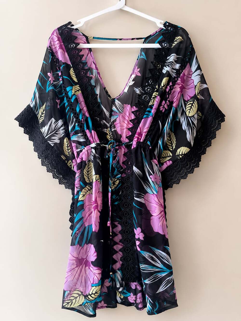 Miken Black Tropical Floral Lace Kimono Cardigan Cover Up Medium Sheer Boho